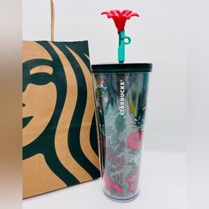Starbucks Holiday Tumbler Cup With Silicone Flower Topper 24oz NWT